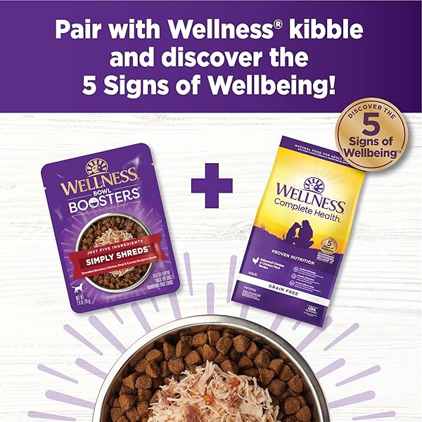 WELLNESS BOWL BOOSTERS SIMPLY SHREDS WET DOG FOOD TOPPER FOR SMALL, MEDIUM, & LARGE BREEDS, GRAIN FREE, NATURAL, TUNA, BEEF & CARROTS, 2.8 OUNCE POUCH (PACK OF 12)