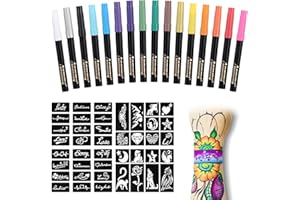 Anmmy Temporary Tattoo Markers for Skin, 16-Count Body Markers+77 Large Tattoo Stencils of Assorted Colors for kids and Adults, Flexible Brush Tip, Bright colors, Skin-Safe*, Cosmetic-Grade.