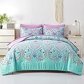DHSFKBE King Size Comforter Set, 7 Piece Bed in a Bag, Boho Aqua and Lilac Damask Medallion Print Comforter with Sheets, Soft Microfiber Complete Bedding Set for All Season (Aqua, King)