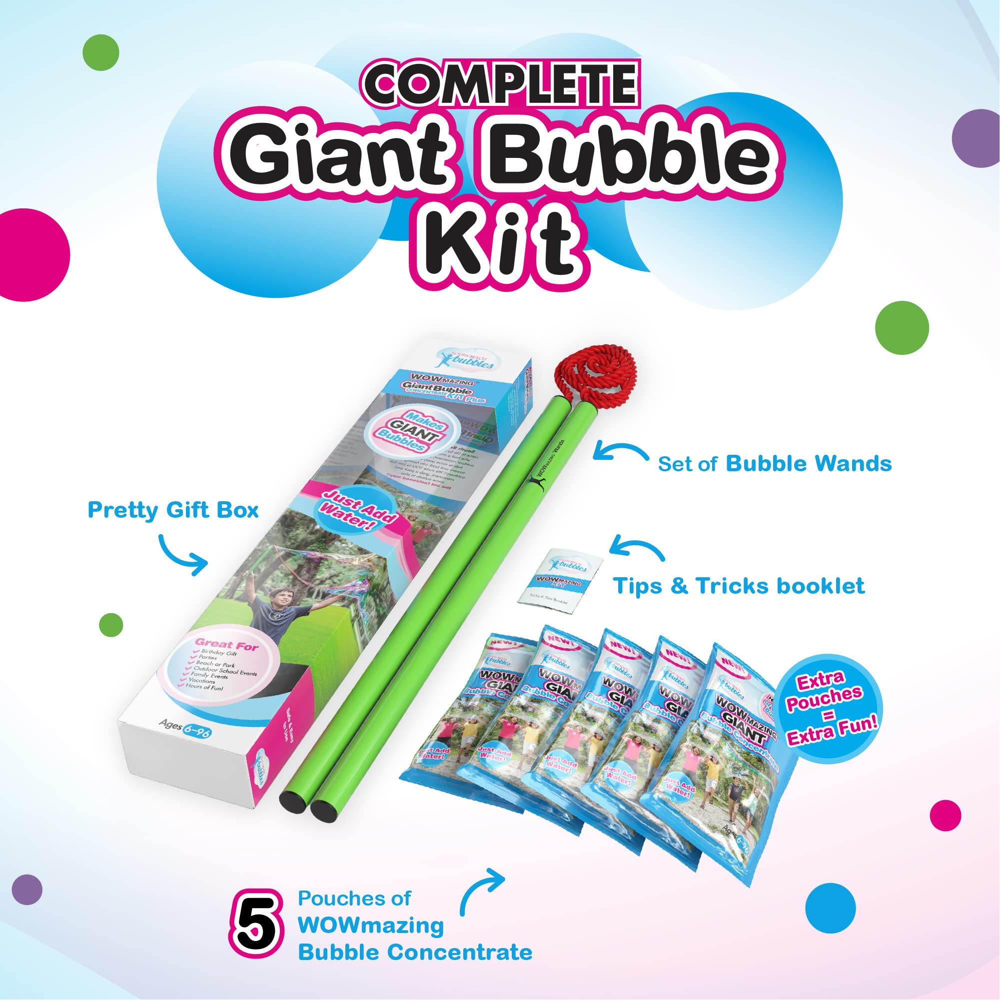 WOWMAZING Giant Bubbles Kit Plus – Big Bubbles for Kids with a Large Bubble Wand and Bubble Mix (Makes 1.5 Gallon)