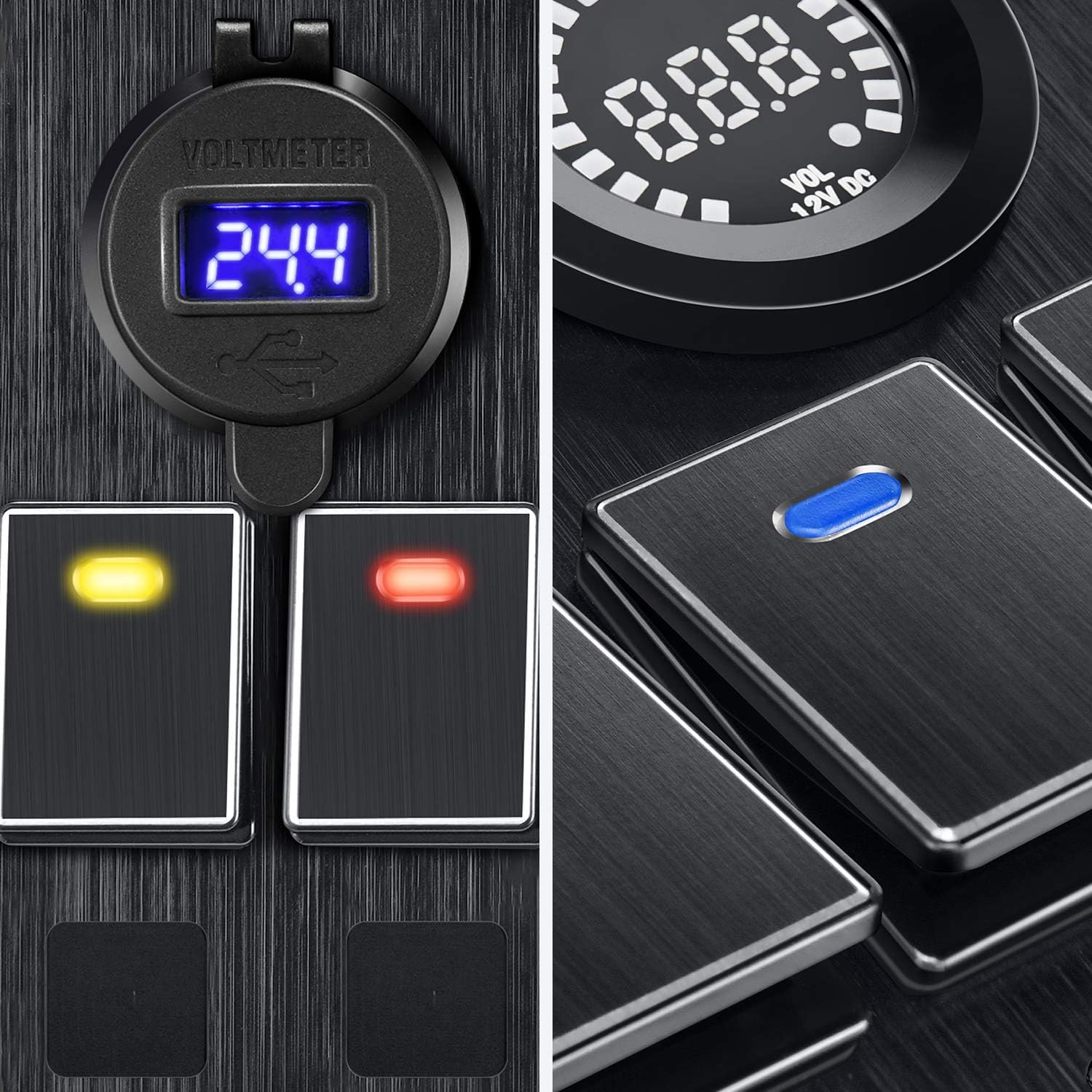Kohree Upgrade 6 Gang Marine Boat Rocker Switch Panel, 12V Aluminum Waterproof Led Switch Panel for Car Truck Marine Boat, Digital Voltmeter Display Dual QC 3.0 USB Charger Port DC 12/24 Volt Socket: Sports & Outdoors
