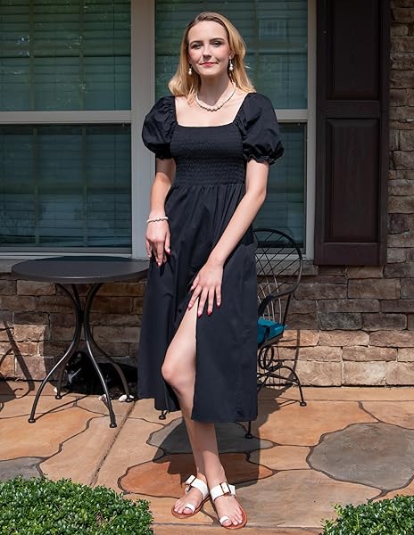 WOMEN’S SUMMER CASUAL PUFF SLEEVE DRESS SQUARE NECK SMOCKED OFF SHOULDER BOHO SIDE SPLIT MIDI DRESSES