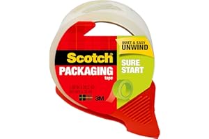 3M Scotch Sure Start Shipping Packaging Tape, 1.88"x 38.2 yd, Designed for Packing, Shipping and Mailing, Quiet Unwind, No Splitting or Tearing, 1.5" Core, Clear, 1 Dispensered Roll