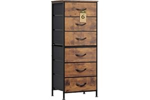 WLIVE Tall Dresser for Bedroom, 6 Drawer Dressers & Chests of Drawers, Fabric Dresser for Closet, Night Stand with Metal Frame, Storage Tower with Fabric Bins, Wood Top, Rustic Brown Wood Grain Print