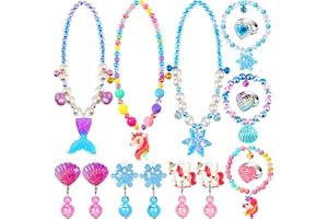 HAENPLE Jewelry Toys for Girls, Classic Unicorn Mermaid Frozen Themed Necklaces Bracelets Rings Earrings Set for Princess Dress Up Pretend Play, Toddler Costume Jewelry, Little Girls Christmas Birthday Gifts