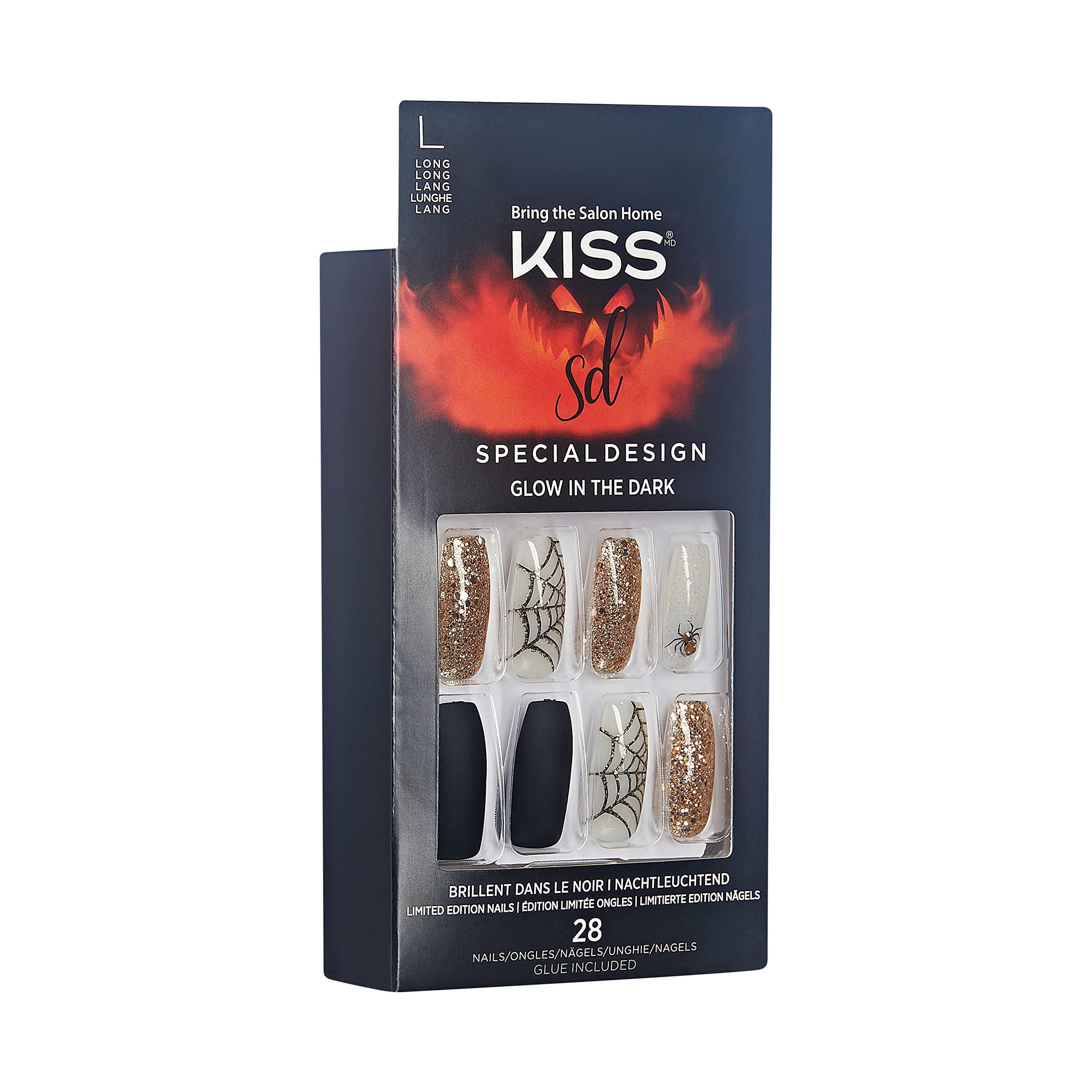 KISS Special Design Halloween Fake Nails, Glow-In-The-Dark, Style ‘Freaky Friday’, with Pink Gel Nail Glue, Mini Nail File, Manicure Stick, & 28 False Nails - Image 2