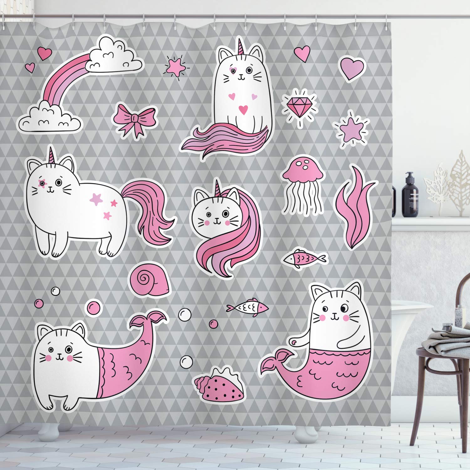 ABAKUHAUS Unicorn Cat Shower Curtain, Cat Unicorn and Mermaid Fishes Bubbles Hearts Underwater Theme, Cloth Fabric Bathroom Decor Set with Hooks, 70 Inches, Grey Pale Pink White
