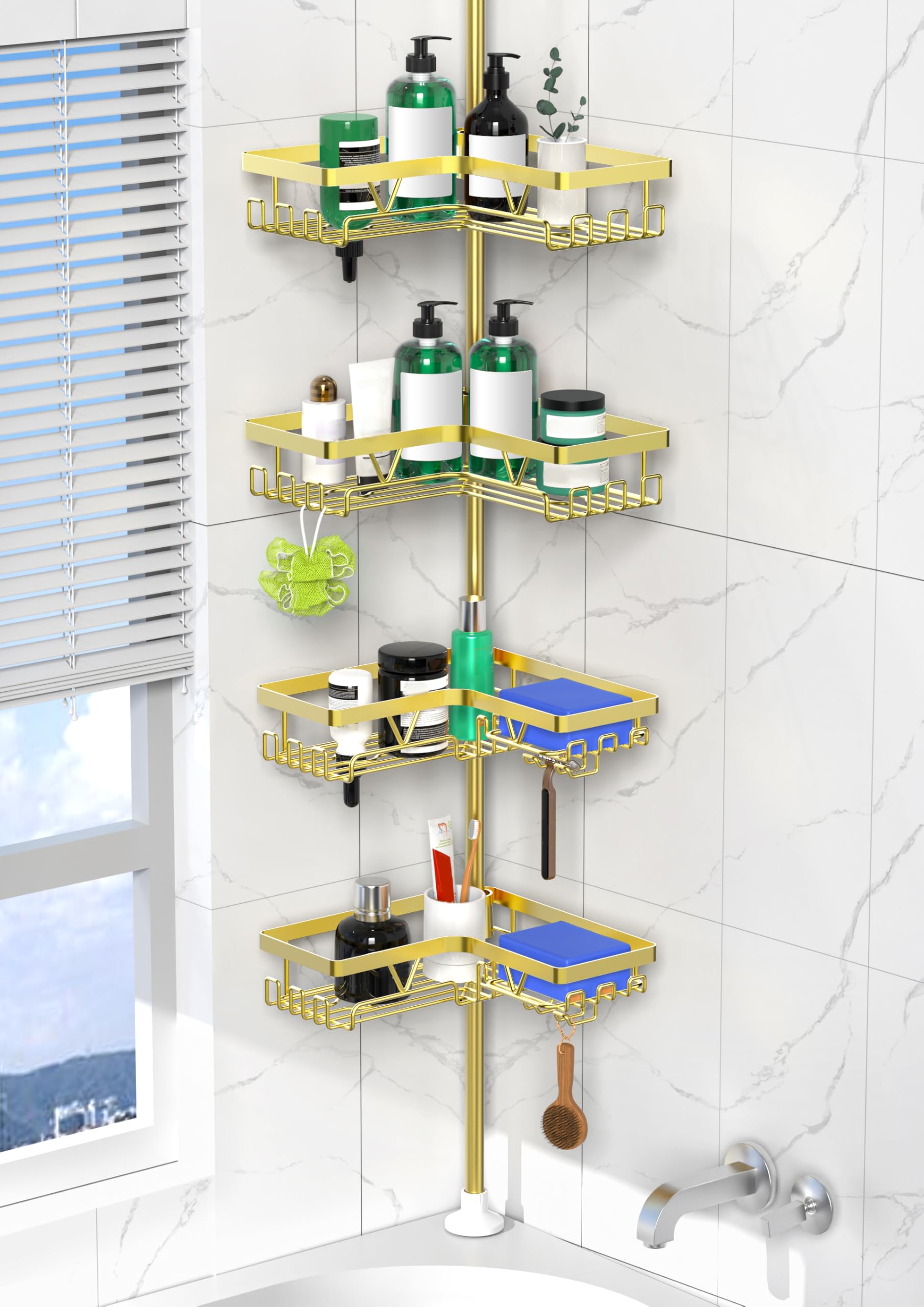 Photo 1 of DAOYA Shower Caddy Tension Pole - Gold Corner Shower Caddy Stainless Steel Bathroom Shower Organizer for Tub Tension Rod Corner Shower Shelves(22-114.2inch)