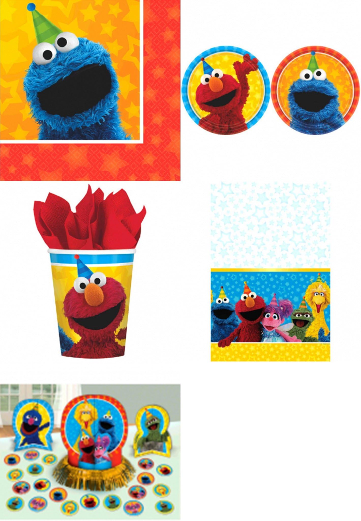 Sesame Street Party Pack for 8 by Amscan Includes Desert Plates, Beverage Napkins, Cups, Table Cover and Table Decorations