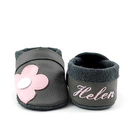 little foot company® 3922 Krabbelschuhe Babyschuhe Lauflernschuhe mit Namensstickerei Blume weiches Leder steingrau 18/19 ca.