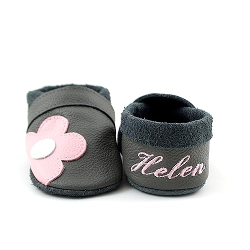little foot company® Krabbelschuhe mit Namensstickerei, Blume in steingrau