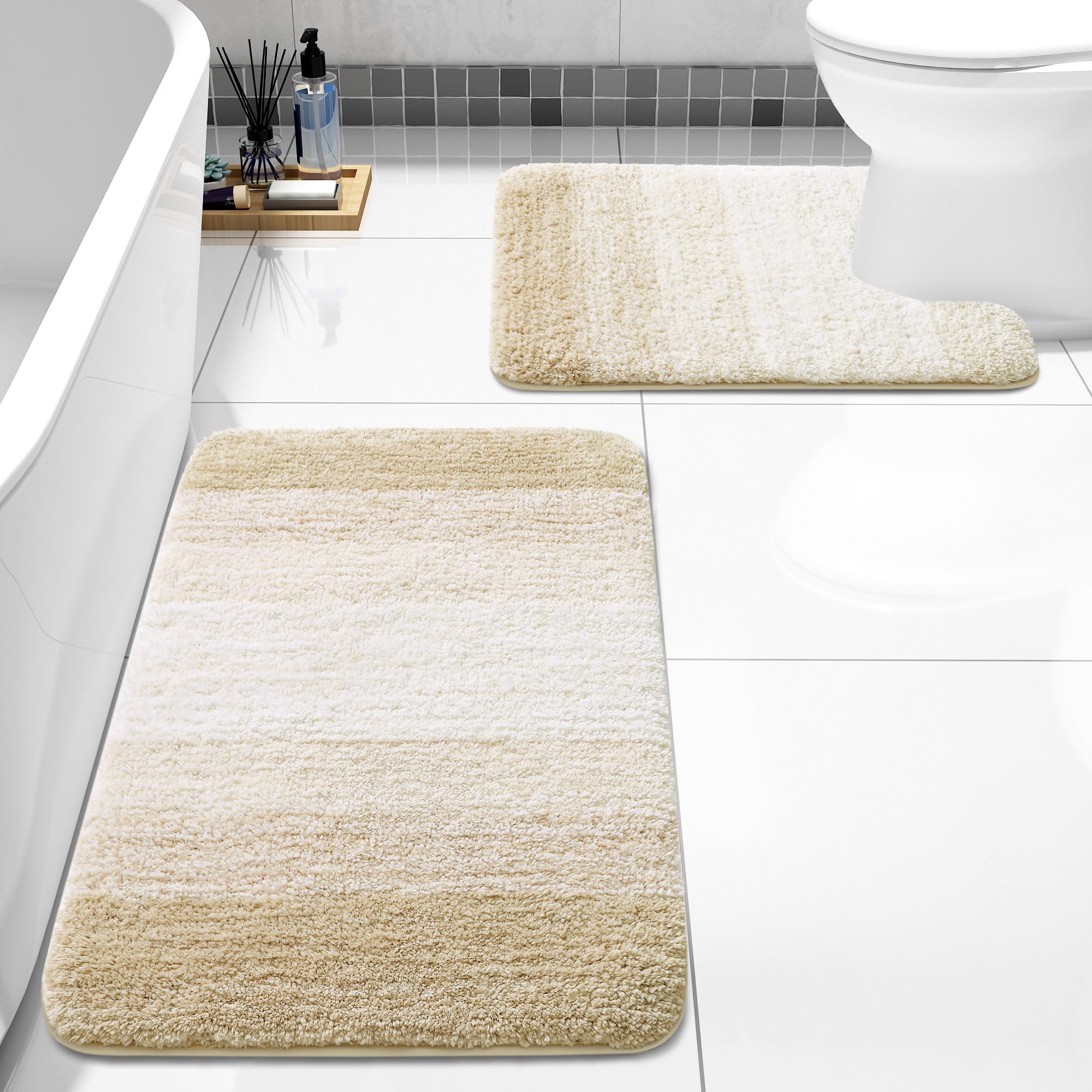 Photo 1 of Arotive Bathroom Rugs Sets 2 Piece, Soft Absorbent Microfiber Bath Mats and U-Shaped Contour Toilet Rug, Non-Slip Machine Washable Dry Bath Mats for Bathroom, 24x16 and 24x20, Light Beige