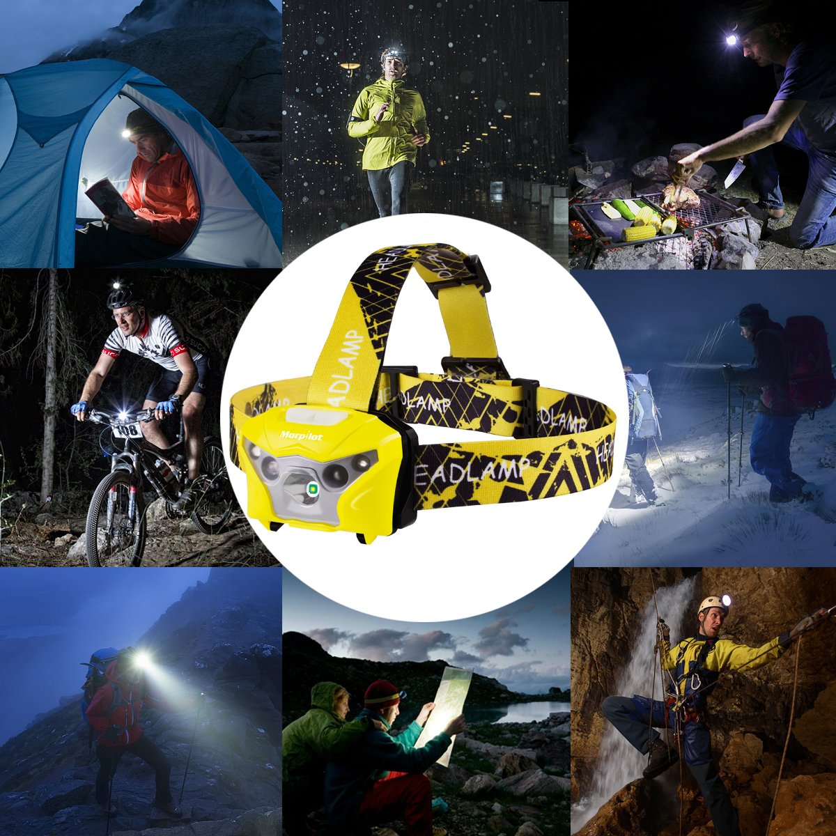 LED Headlamp,Morpilot 5 Modes Emergency Flashlight Headlight Battery Powered Head Light Waterproof Lightweight with SOS Strobe for Camping,Hurricane,Caving,Hiking,Walking (USB Rechargeable)