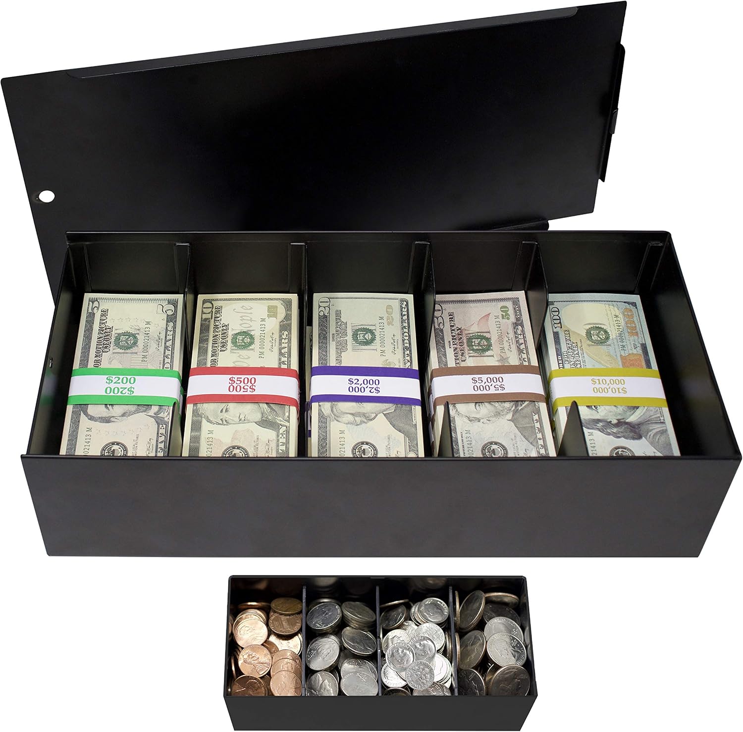 Nadex Lockable Metal 5 Compartment Currency Tray with Coin Tray Insert and Bill Wrappers | Cash Box with Sliding Lockable Cover | Lock not Included : Office Products