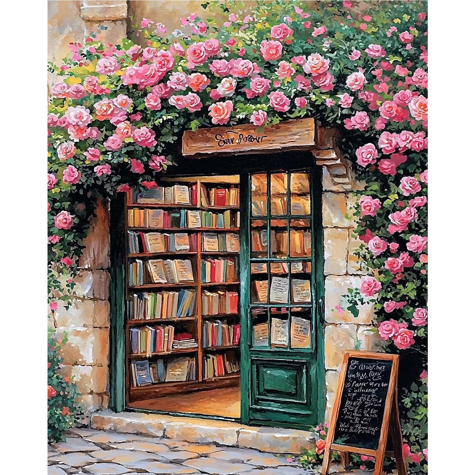 MAXBYE Paint by Numbers Kits for Adults, Bookstore DIY Adults Painting by Numbers, Pink Roses Canvas Oil Colors Painting with Paint Brushes Acrylic Pigment, Home Decor Gifts Without Frame 40x50 cm