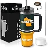 LANJAO Tumbler 30oz Straight Skinny Portable Handle Car Cups With Anti slip Sleeve Straw Dust Cover, Sports Travel, Stainless Steel Insulated Gifts for Men Women Fans