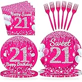 96Pcs 21st Birthday Party Supplies 350 GSM Hot Pink Sweet 21 Plates and Napkins Tableware Sets Happy 21st Birthday Decorations for Girls Women Finally Legal 21 Years Old Party Favors, Serves 24