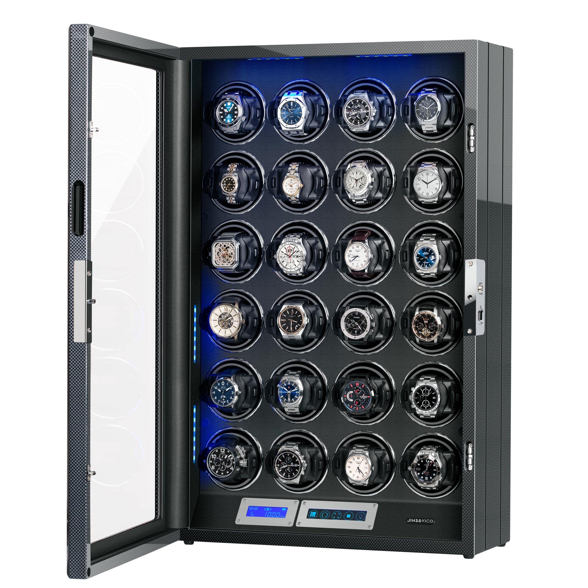 TRIPLE TREE Watch Winder for 24 Automatic Watches with Soft Adjustable Pillows, Key and Fingerprint Unlocking, Quiet Mabuchi Motor, Built-in Blue LED Illumination