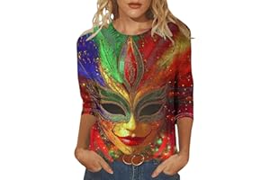 TIGENA Mardi Gras Shirts for Women 3/4 Sleeve Mask Graphic Blouse Carnival Themed Tees Party Print Tops Funny Tshirt