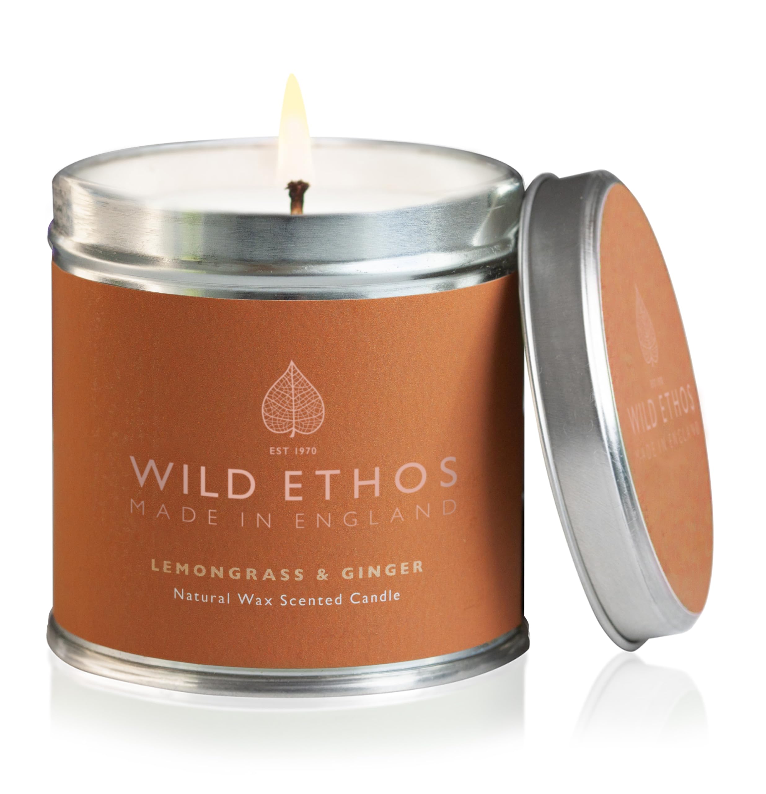 Wild Ethos Naturals Premium Scented Natural Wax Tin Candle - Lemongrass & Ginger Scent - Hand-Poured in UK - Burn Time 40+ Hours - Natural Ingredients for Less Smoke & Slow Burn