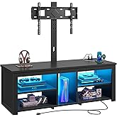 Romorgniz TV Stand with Mount and LED Lights Swivel TV Stand for 70 inch TV Modern Wood Entertainment Center with Power Outlet for Living Room, Gaming Console for Bedroom, Carbon Fiber Black