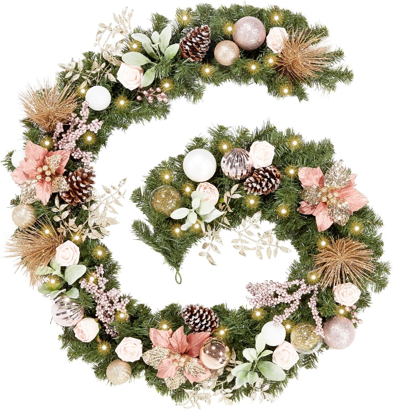 Wreaths, Garlands & Swags - WBHome Pre-lit 9 Feet/108 Inch Christmas Garland, Rose Gold Lighted Garland with 50 LED Lights for Indoor Outdoor Xmas Decor Holiday Decorations, Battery Operated (Batteries NOT Included)