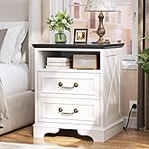 Unikito Farmhouse Nightstand with Charging Station, Bedside Table with 2 Large Drawers & Vintage Handles, Side Table with Open Storage for Bedroom (Antique White)