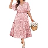 IN'VOLAND Plus Size Summer Dresses for Women 2025 Pink Floral V Neck Short Sleeve Casual Loose Fashion Long Dress with Pockets