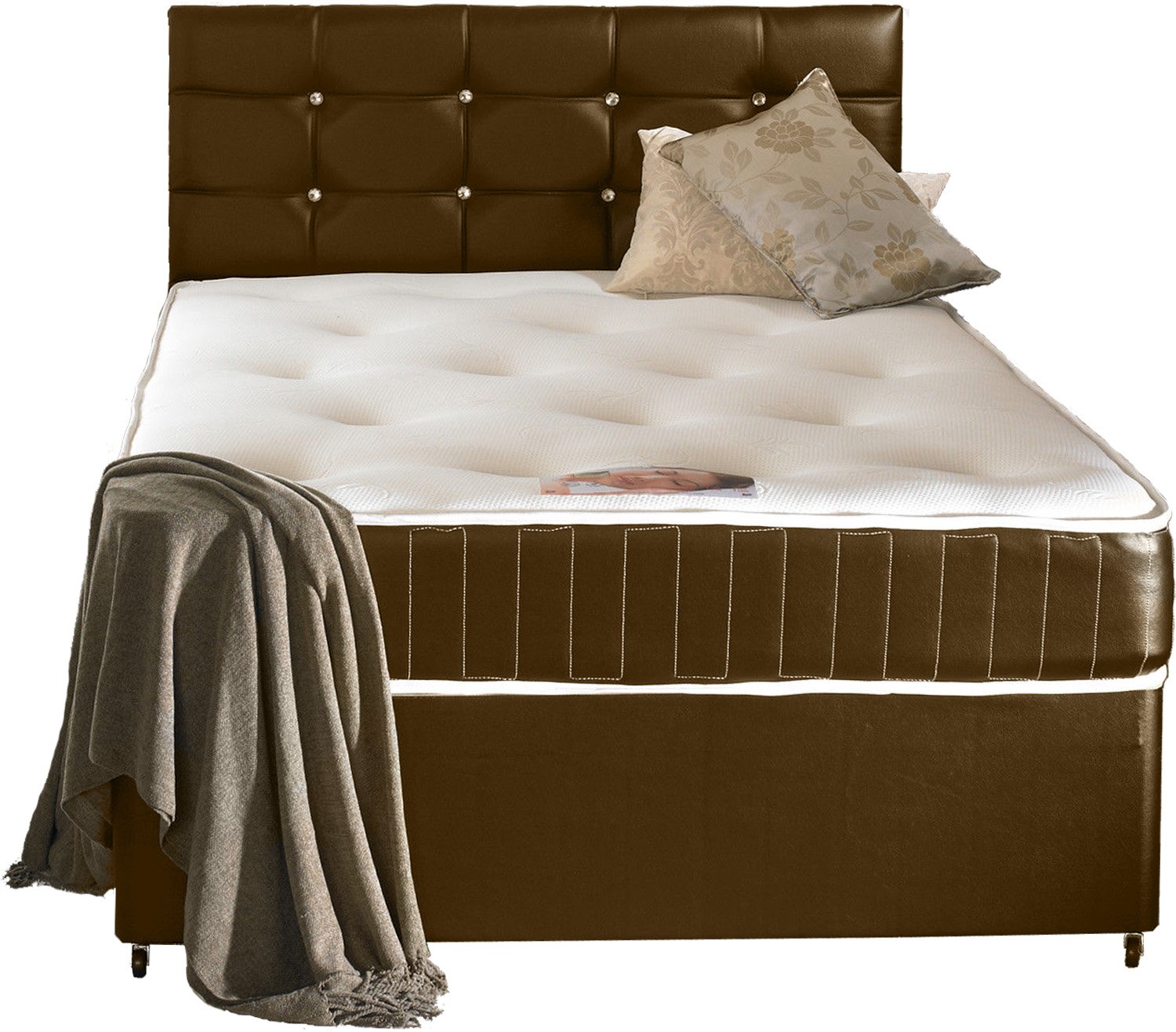 Brown Faux Leather Divan Bed Set Including Luxurious Memory Foam