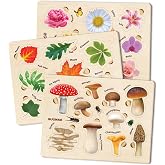 Wooden Puzzles for Toddlers 2-4 - 3 Montessori Kids Puzzles Ages 3-5 | Realistic Wood Educational Baby Puzzles 12-18 Months &ndash; Learning Toddlers Puzzles with Mushrooms Flowers Leaves