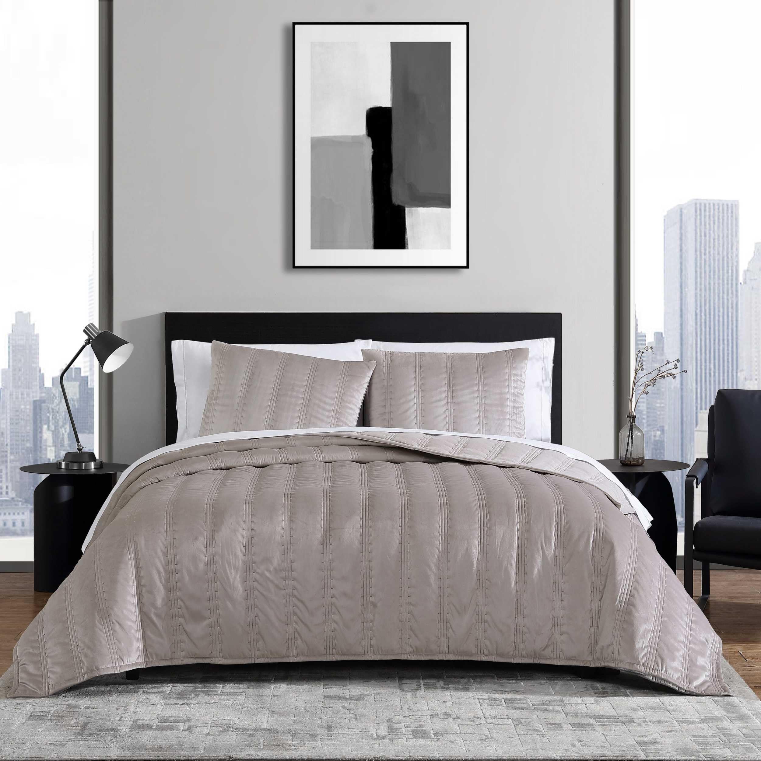 Photo 1 of Vera Wang - King Quilt Set, Super Soft Bedding Set with Matching Shams, Modern Room Essentials (Velvet Linear Stitch French Clay, King)
