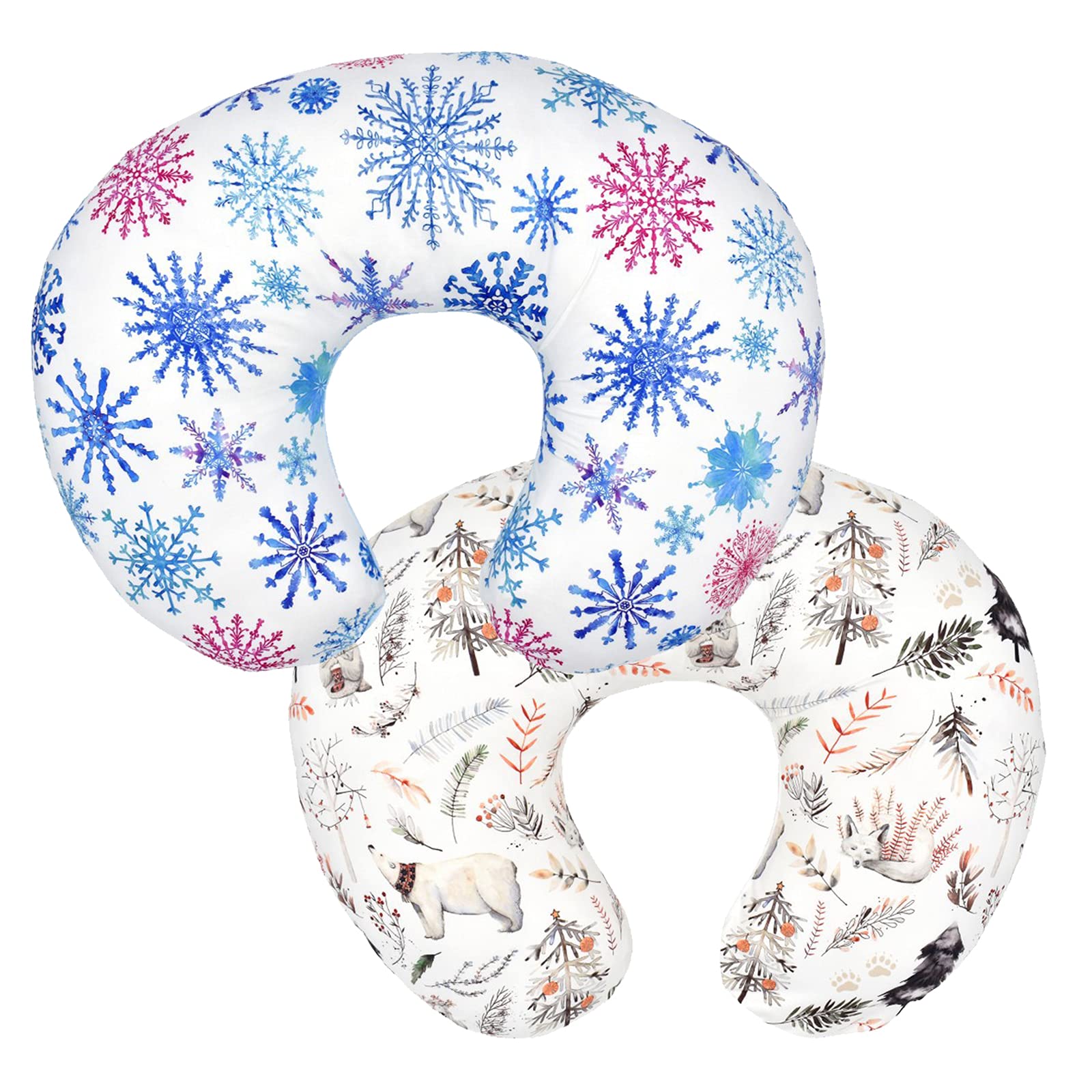 2 Pack Baby Nursing Pillow Cover Newborn U-Shaped Breastfeeding Pillowcase Cushion Cover Stretchy Replaceable Forest&Floral Pillow Cover Slipcover 22.5x18 inch (Snowflakes+Bear)