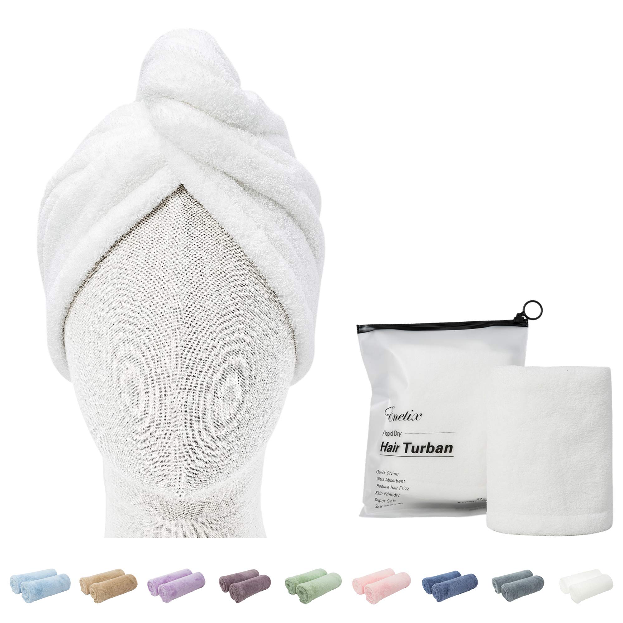 ENETIX 2 Pack Microfiber Hair Drying Towel Wrap for Women, 25 × 70cm Super Absorbent Anti-Frizz Hair Turban, Rapid Dry Hair Towels with Button, White