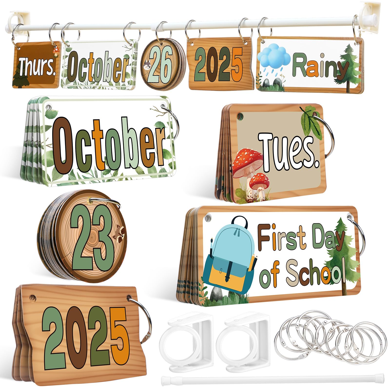 Photo 1 of Marspark Calendar Bulletin Board Set Classroom Flip Calendar with 71 Date Weather Chart & Special Festival Cards with Adjustable Holder O Rings for School Home Decor Teacher Must Haves (Natural)
