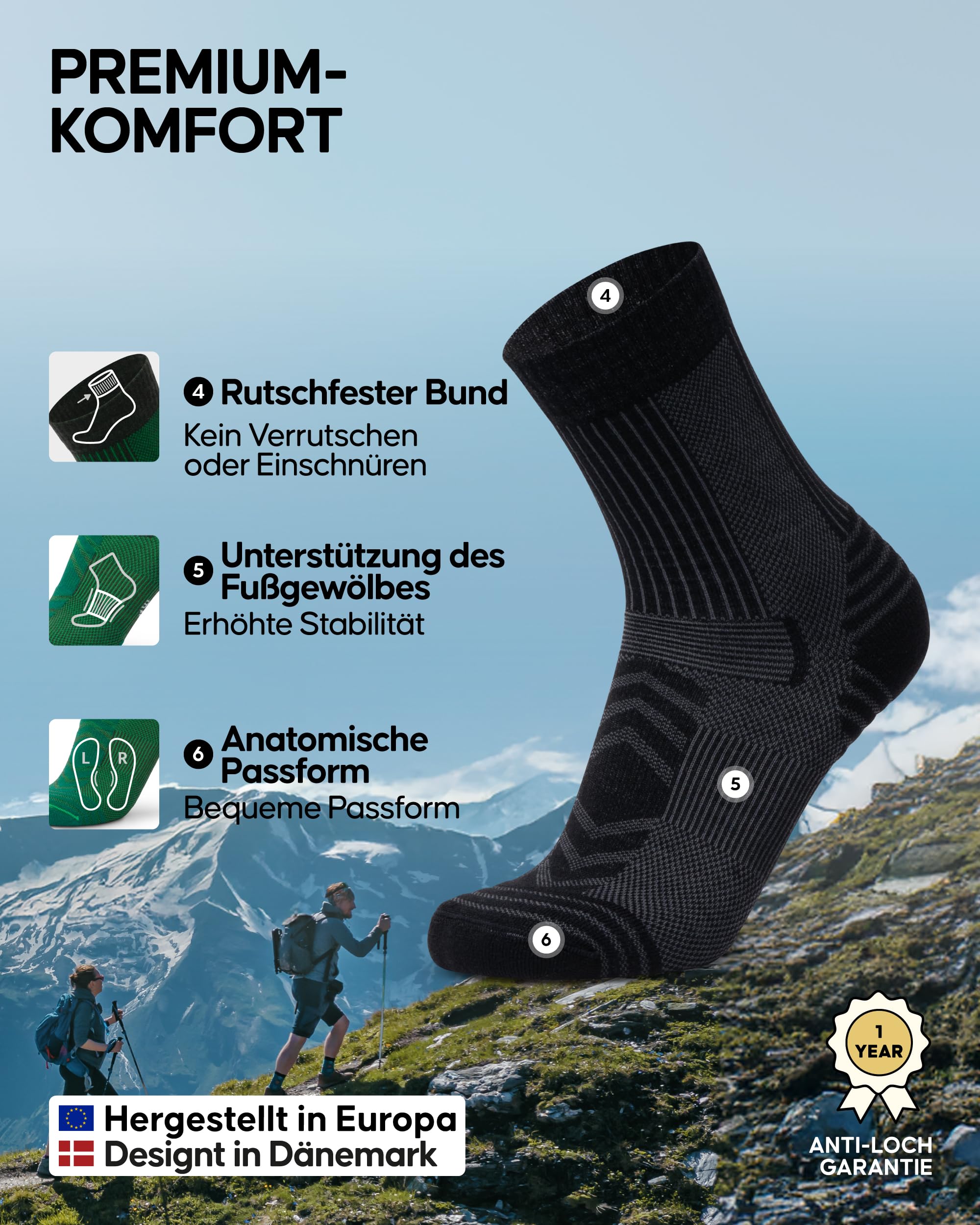 DANISH ENDURANCE Leichte Merino Wandersocken, 3 & 5 Paar, Schwarz, 43-47 3