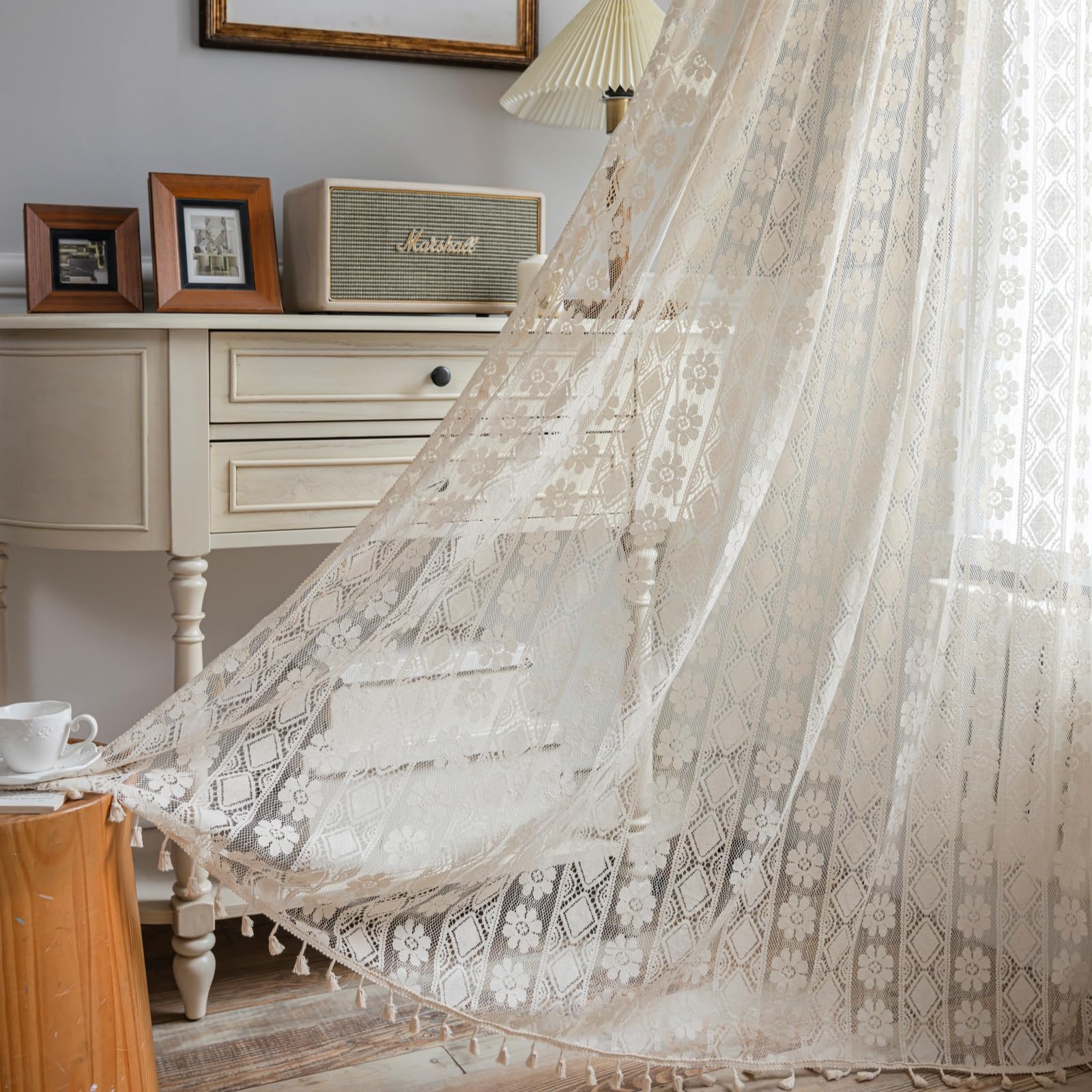 USTIDE Boho Lace Crochet Sheer Farmhouse Curtain - Floral Beige Vintage Living Room Bedroom Door Curtain, 150x180cm