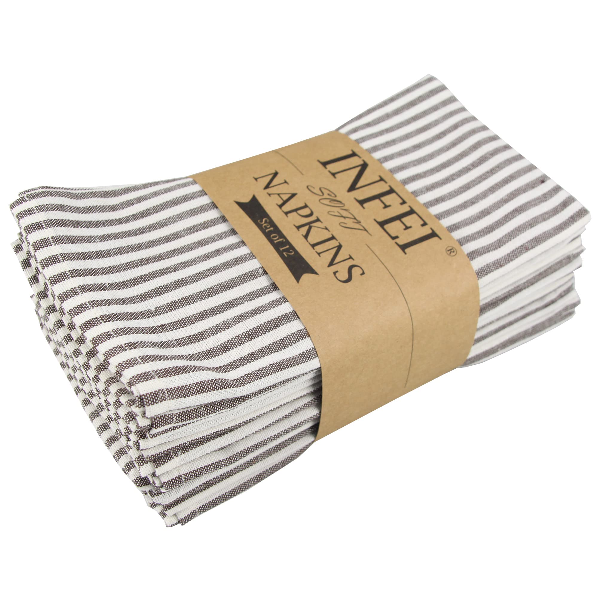 INFEI Plain Striped Cotton Linen Blended Dinner Cloth Napkins - Set of 12 (40 x 30 cm) - for Events & Home Use (Brown)