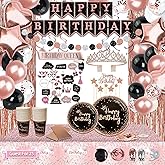 UJoyant Birthday Decorations For Women, 229 Pcs Rose Gold and Black Happy Birthday Supplies - Disposable Dinnerware Set with 25 Guest, Balloons, Sash, Tiara, Banner, Fringe Curtain, Photo Booth Props
