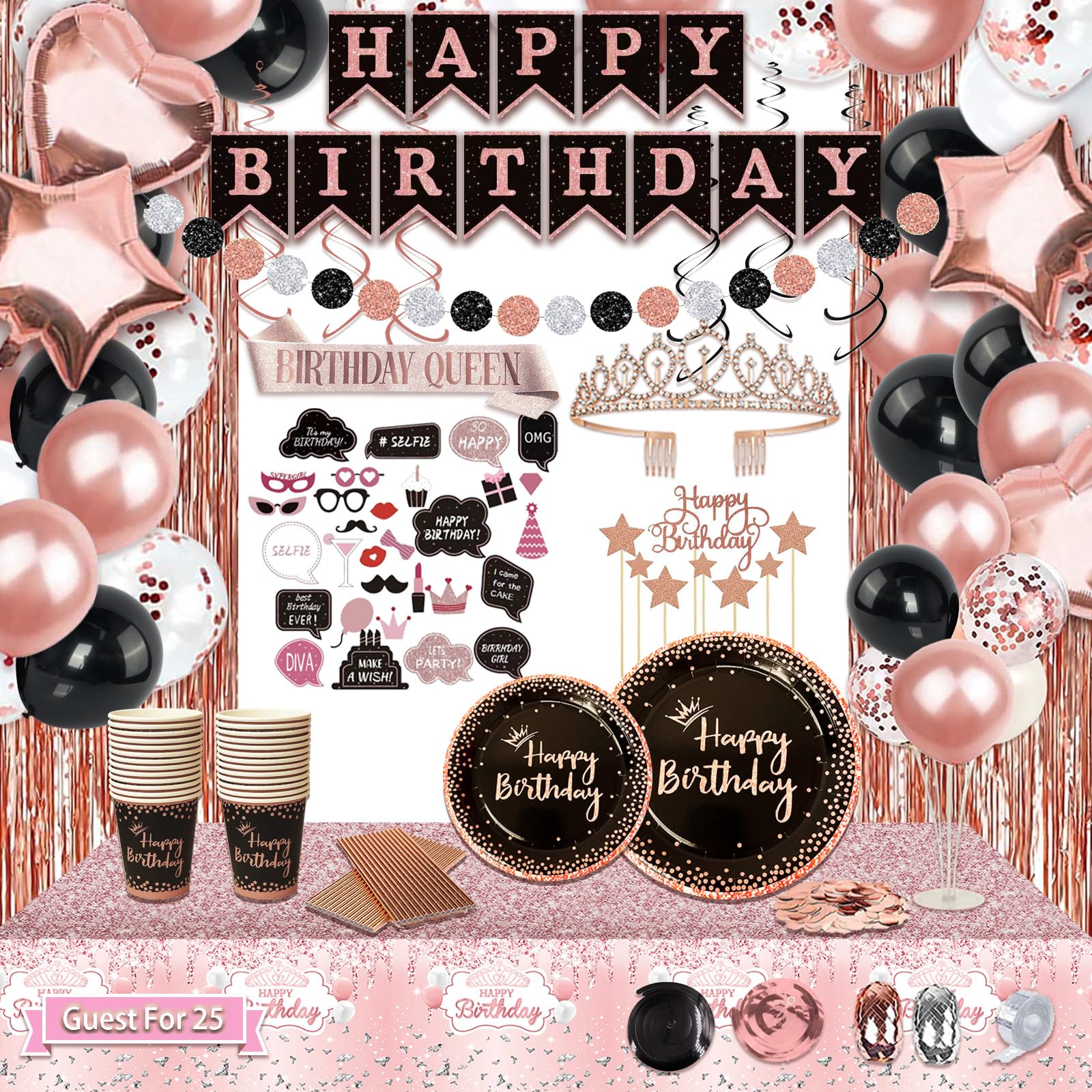 Photo 1 of UJoyant Birthday Decorations For Women, 229 Pcs Rose Gold and Black Happy Birthday Supplies - Disposable Dinnerware Set with 25 Guest, Balloons, Sash, Tiara, Banner, Fringe Curtain, Photo Booth Props