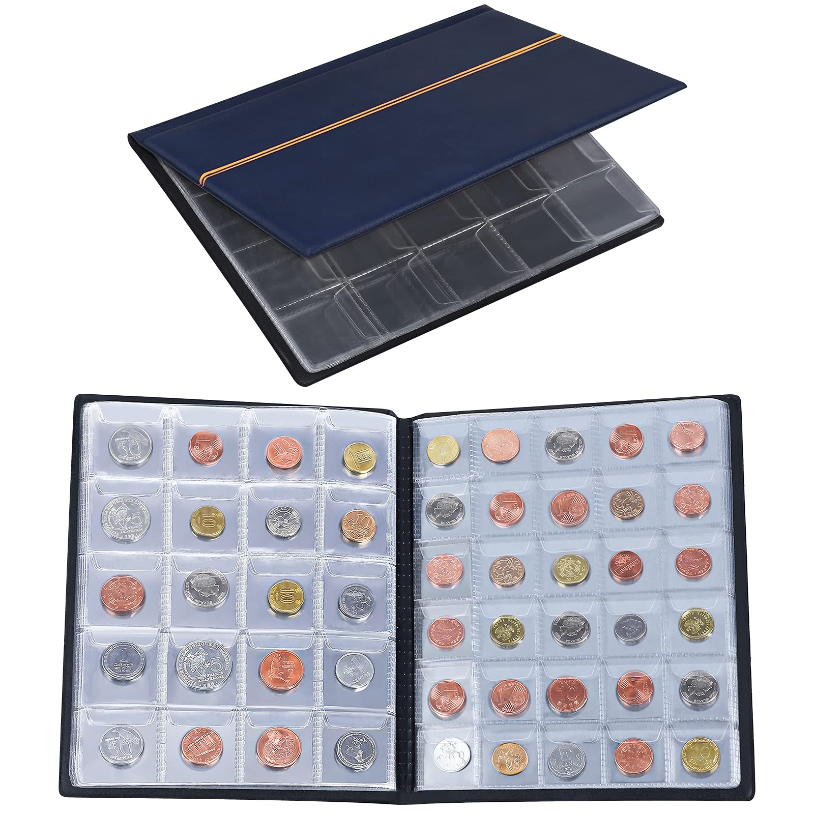 Ruisita Coin Collection Album 250 Pockets with 1 Tweezer Coin Storage Album Coin Holder Book Money Penny Pocket for Collectors, 8.58 x 6.61 Inch (Blue)