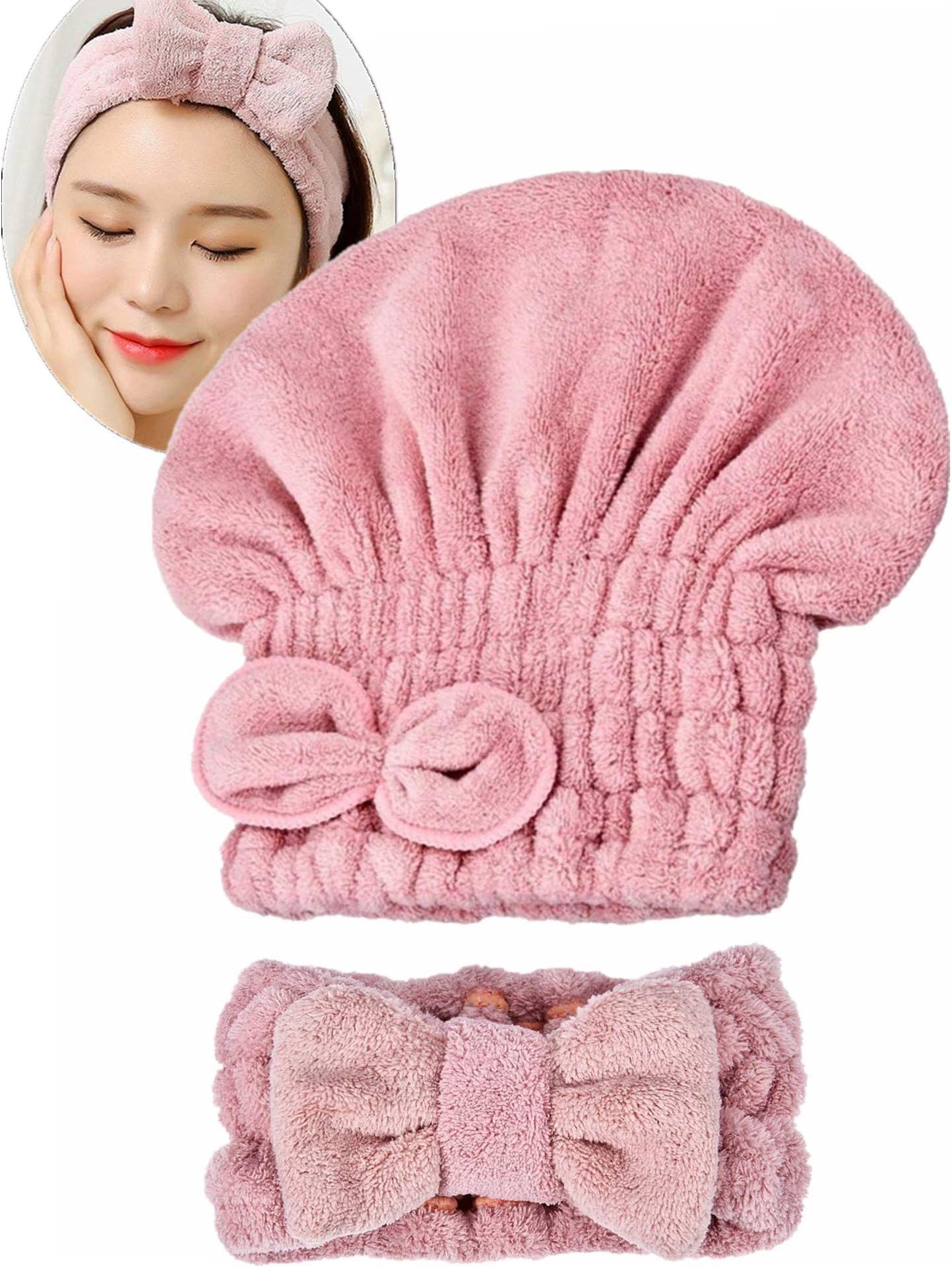 （4 Pack）2 Pack Hair Drying Caps with Microfiber Super Absorbent Hair Drying Towel Cute Bowtie Hair Caps and 2pcs Microfiber Bowtie Women Beauty Headbands