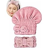 （4 Pack）2 Pack Hair Drying Caps with Microfiber Super Absorbent Hair Drying Towel Cute Bowtie Hair Caps and 2pcs Microfiber Bowtie Women Beauty Headbands