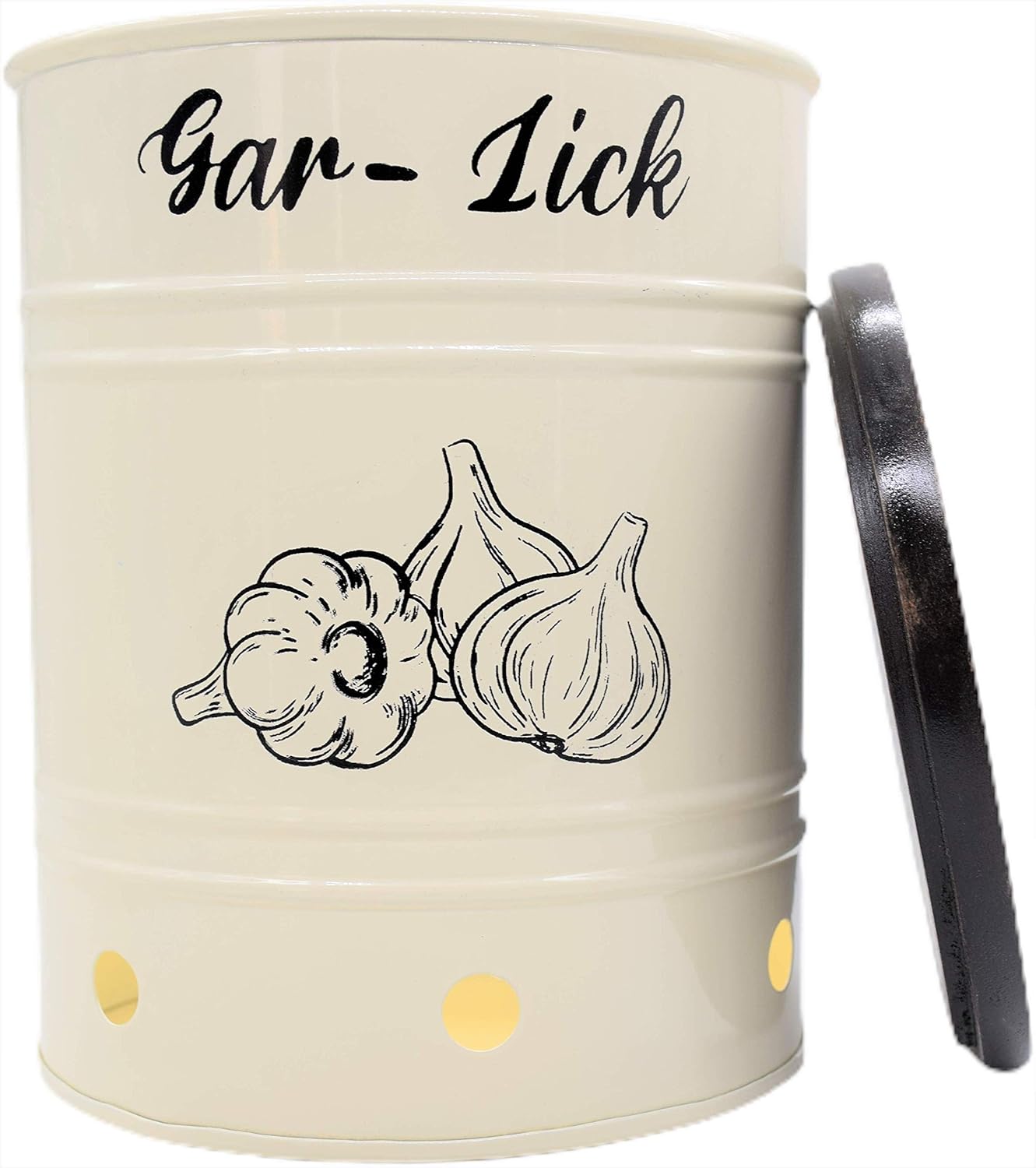 Decorfo Beautiful Garlic Holder Metal Canister Jar with Wooden Lid