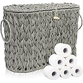 Pumtus Toilet Paper Storage Basket, Handwoven Toilet Paper Holder with Lid & Handle, Large Decorative Container for up to 6 Mega Rolls, Plastic Trash Bin Magazine Organizer for Bathroom, Office