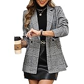 ELLEVEN Women's Houndstooth Plaid Tweed Blazer, Casual Trendy Double-Breasted Suit Jacket with Pockets Fully Lined