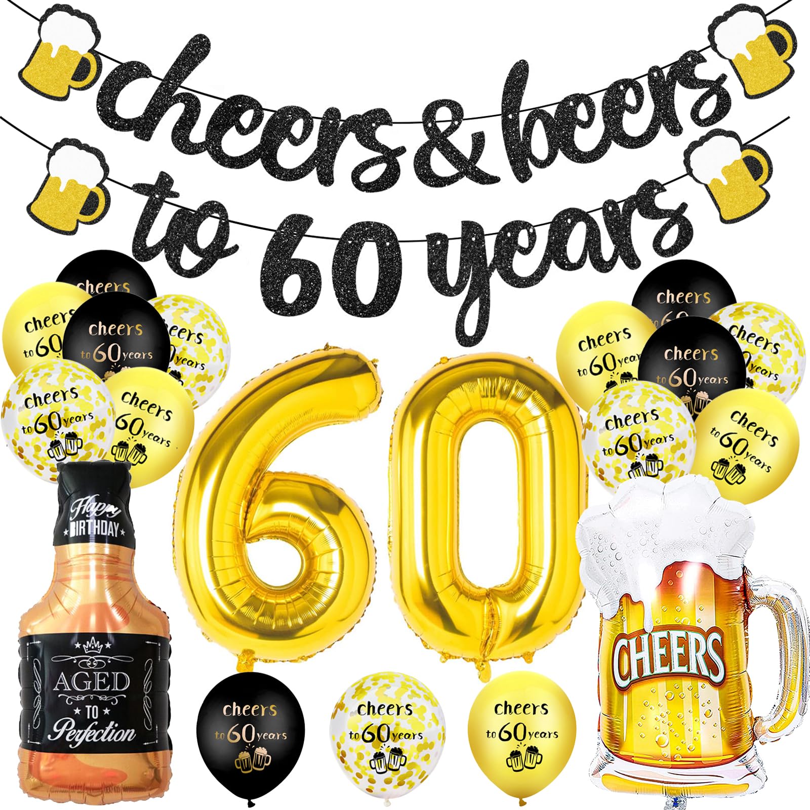 60th Birthday Decorations, 60th Birthday Decorations for Men Women, Black & Gold Cheer Banner, Number 60 Foil Balloons, Sign 60 Black and Gold Balloons
