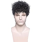 MEIRIYFA Men's Short Curly Black Wig, Afro Rocker Party Wig Halloween Cosplay Wig (Black)
