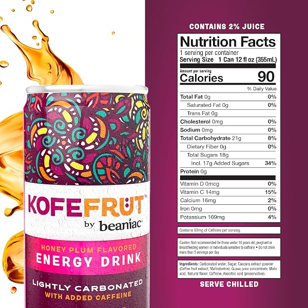 KOFEFRUT BY BEANIAC CAFFEINATED ENERGY DRINK, HONEY PLUM, LIGHTLY CARBONATED, REDUCED SUGAR, 80MG CAFFEINE, POLYPHENOLS, ANTIOXIDANTS, VITAMIN C, 12 FL OZ CAN (PACK OF 4)