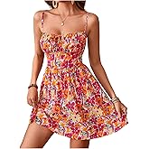 WDIRARA Women's Summer Floral Print Ruched Tie Backless Slip Dress Flared Hem A Line Short Cami Dress