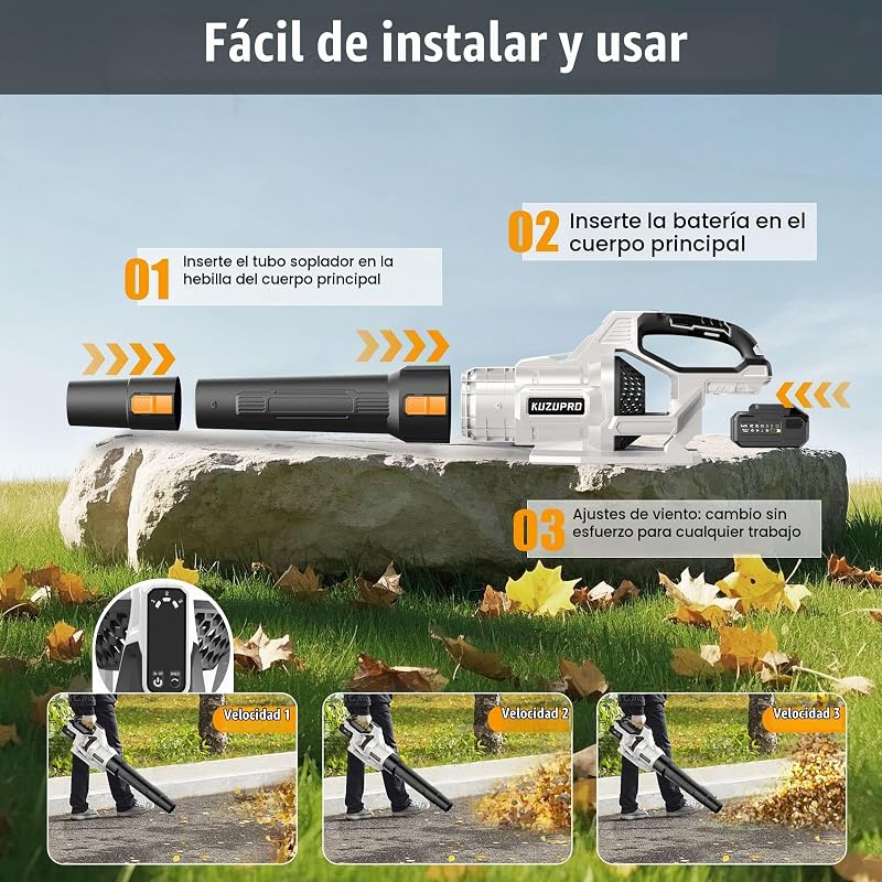 Soplador de Hojas a Batería KUZUPRO, 21 V, 2 Baterías de 4,0 Ah